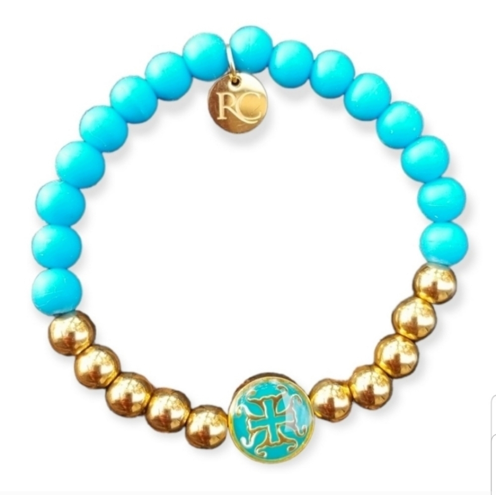 RUSTIC CUFF BLUE & GOLD STRETCH BEADED BRACELET